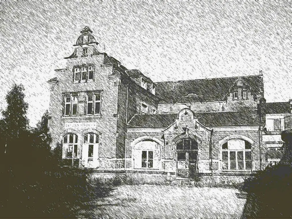 Zeichnerische Ansicht des historischen Bahnhofs Dresden-Strehlen